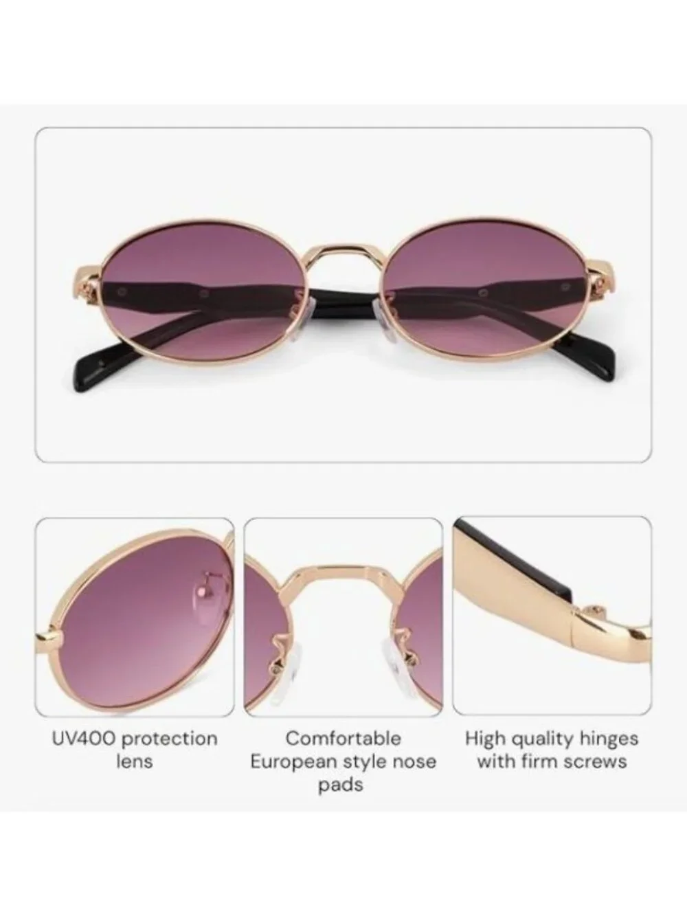 Oval Gold Metal Frame Sunglasses Purple Gradient Lenses Retro Vintage Black Arms